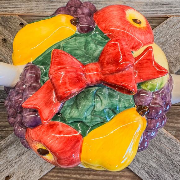 1992 Vintage Fitz and Floyd Omnibus Fruit Basket Tea Pot w/ Red Bow - Picture 9 of 10